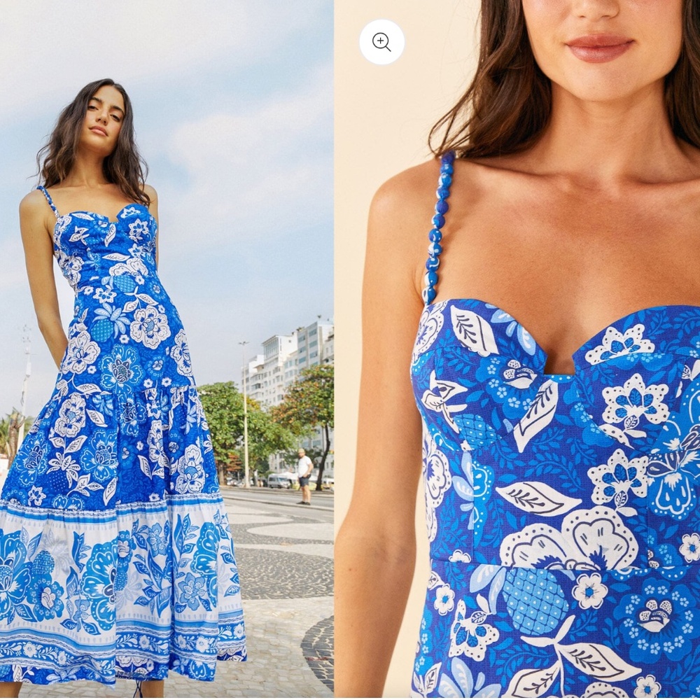 FARM Rio Blue Full of Flowers Organic Cotton Midi Dress